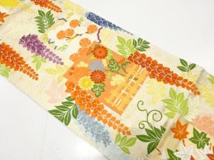 唐織　藤に菊・八重桜・麻の葉模様織り出し　袋帯